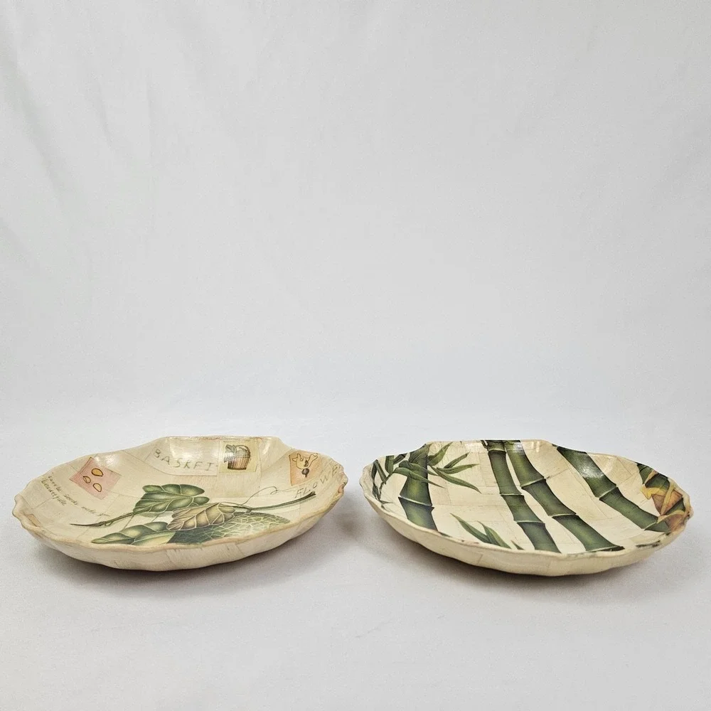 Vintage Bamboo Parquet Snack Plates Seashell Shaped Set Boho Mid-Century Modern